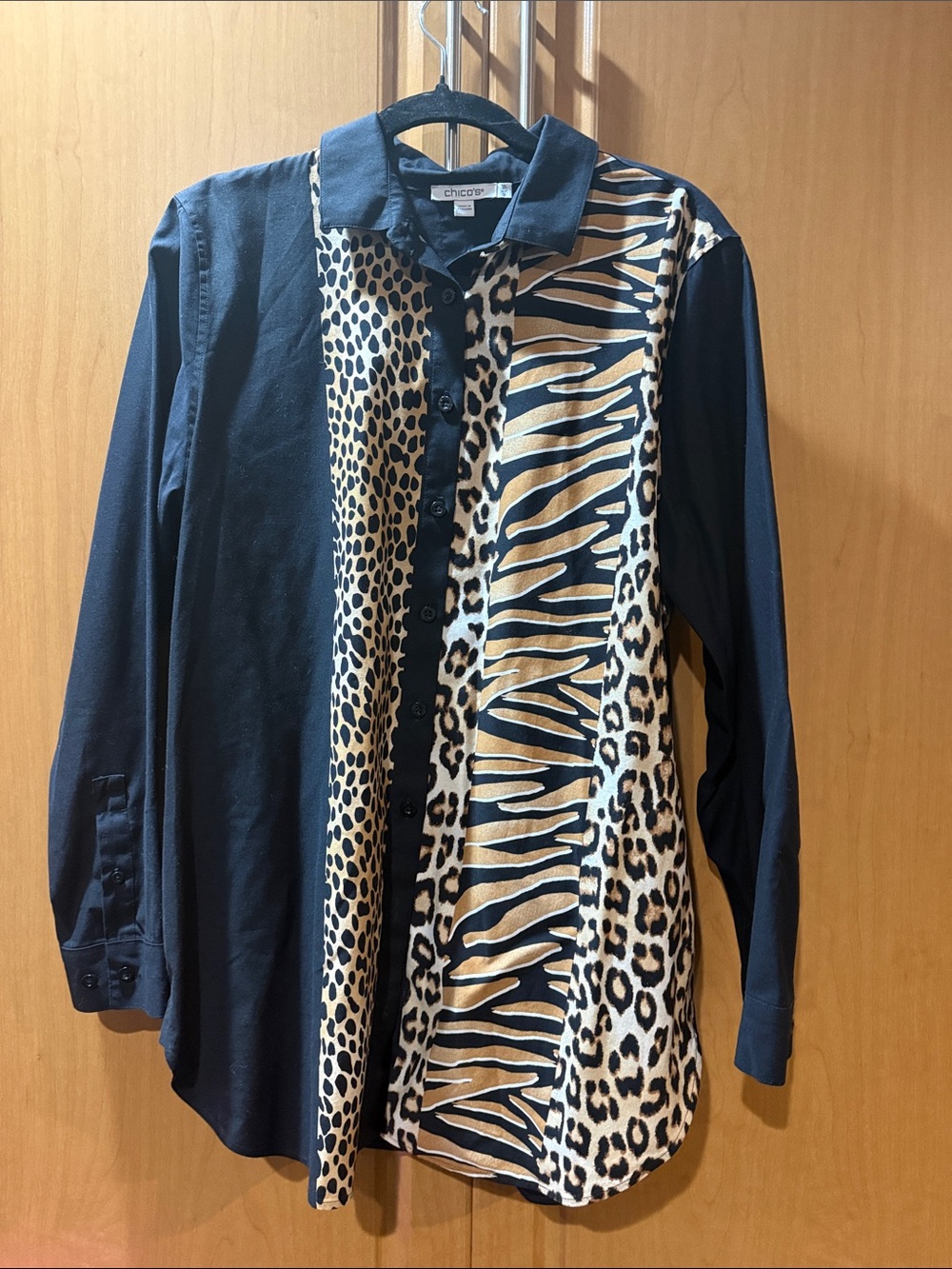 Chico's Black Button-Front Shirt with Tan Animal Print Panels